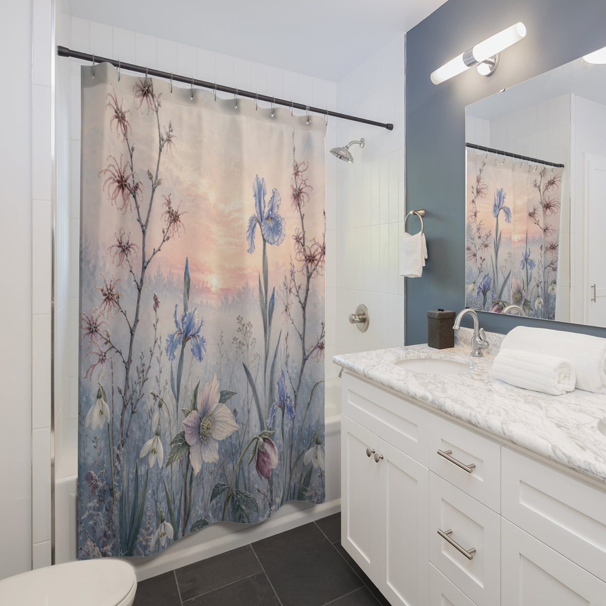 Winter snowdrops irises and hellebores in a frosted meadow shower curtain beside a white vanity