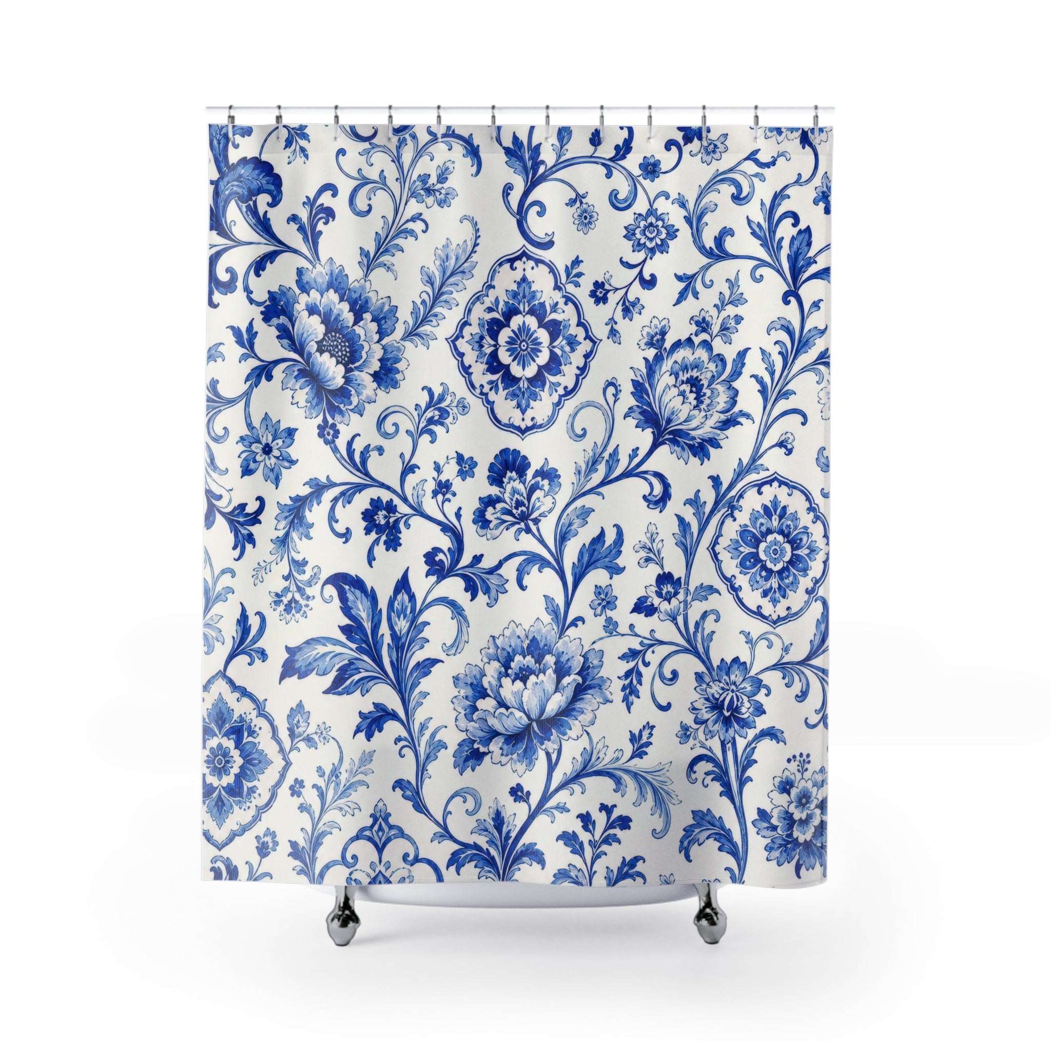 Unique Blue White Shower Curtain, Porcelain Floral Damask Pattern, Classic Tile Inspired Decor, Crisp Guest Bath, Traditional Style