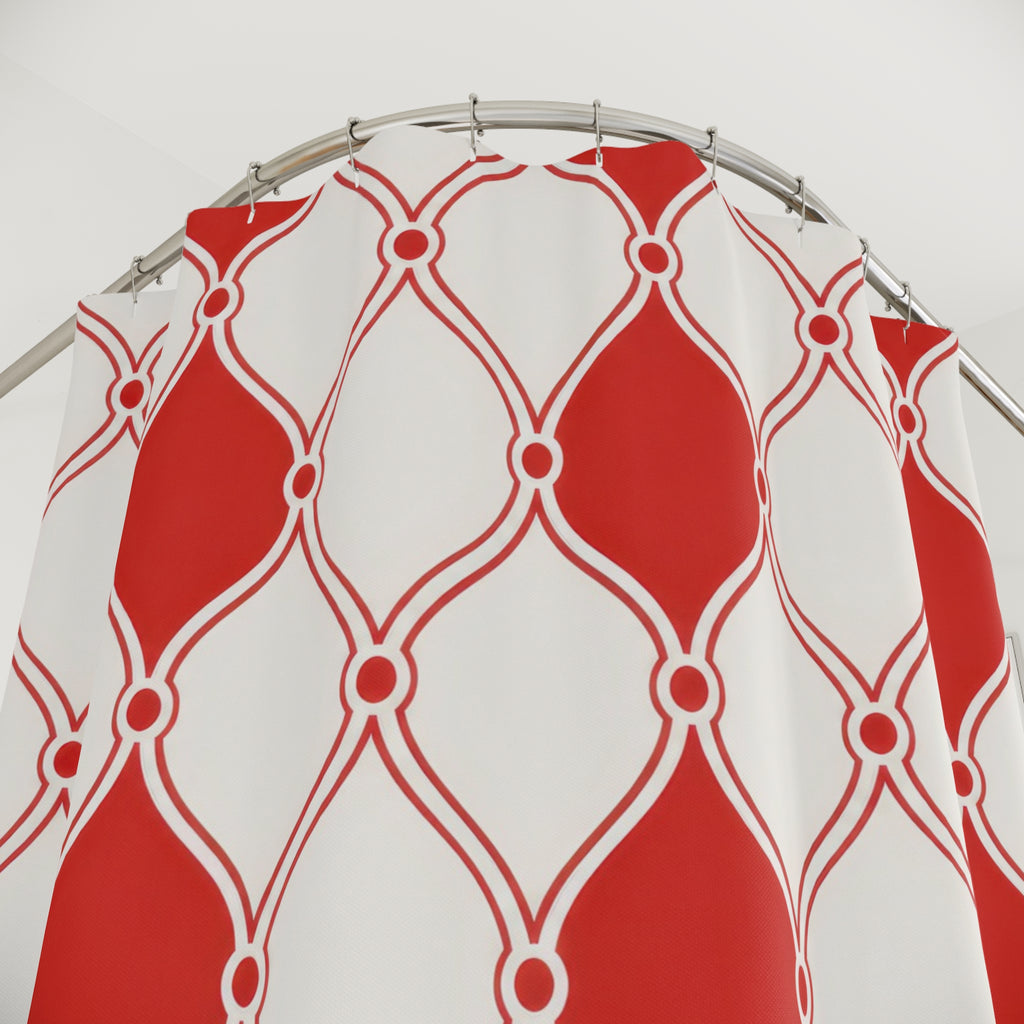 Trellis Shower Curtain, Red and White Lattice Pattern, Moroccan Geometric Bath Decor, Clean Classic Guest Bathroom Style, Ogee Accent