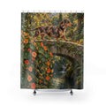 Dapple dachshund on a garden bridge shower curtain with full front view