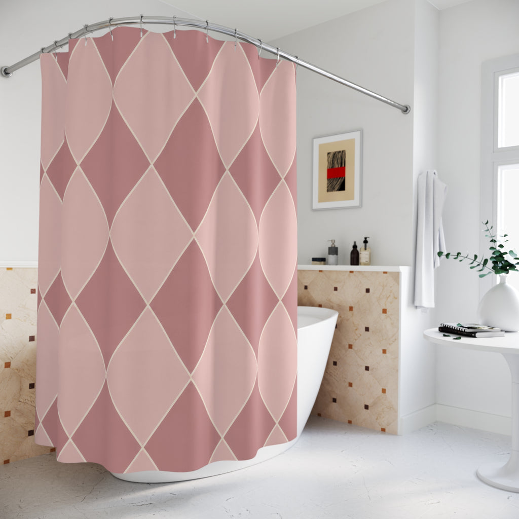 Blush harlequin diamonds with fine ivory lines shower curtain beside a freestanding tub