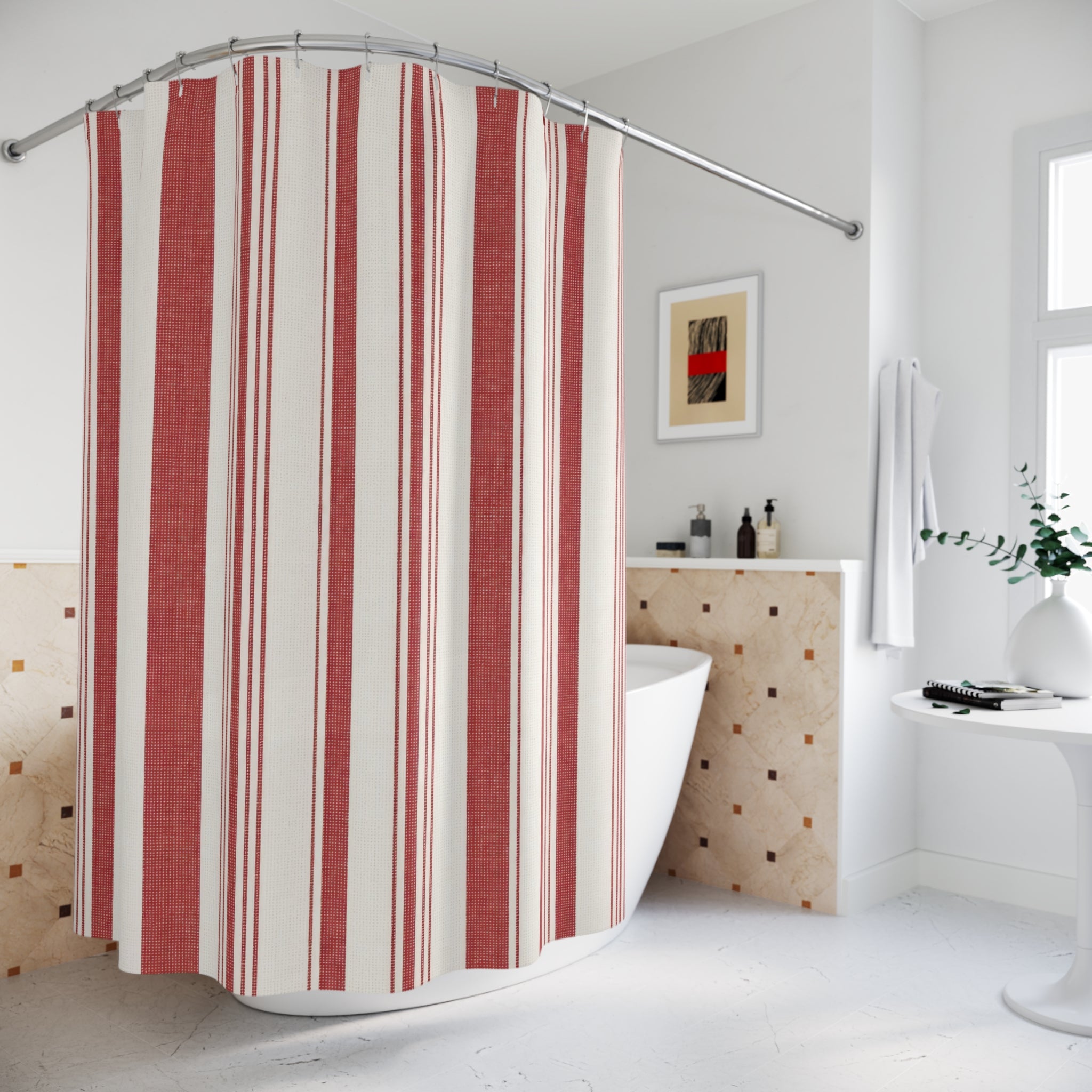 Red and White Varied Stripe Shower Curtain: Vertical Stripe