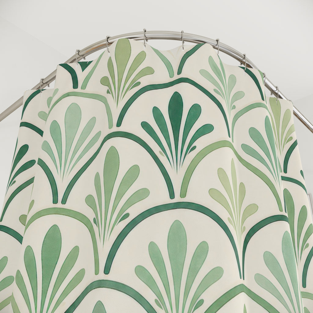 Green Scallop Shower Curtain, Sage Mint Art Deco Fan Pattern, Botanical Bath Decor, Soft Geometric Guest Bathroom Accent, Spa Green