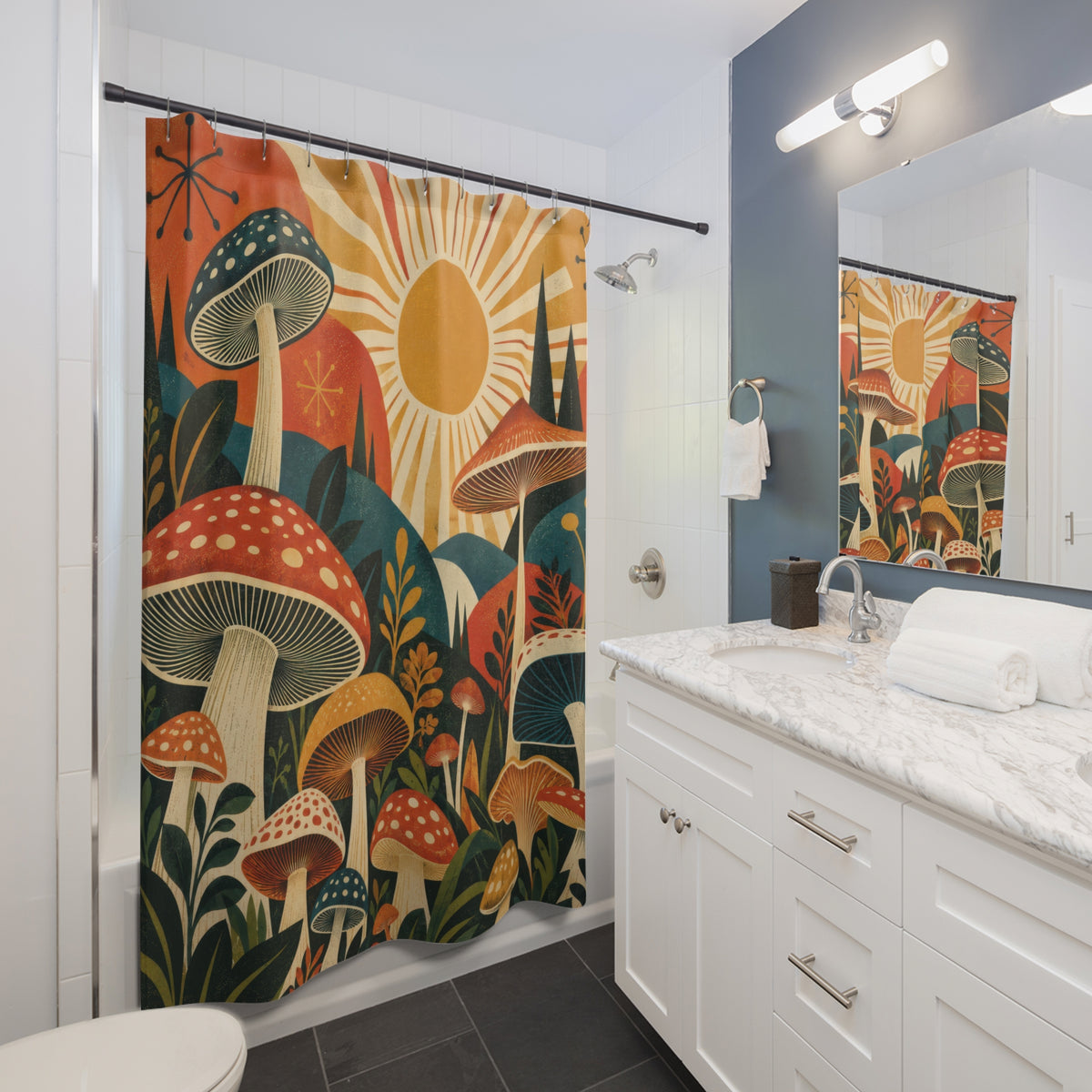 Vintage mushroom garden in orange teal and mustard shower curtain beside a white vanity