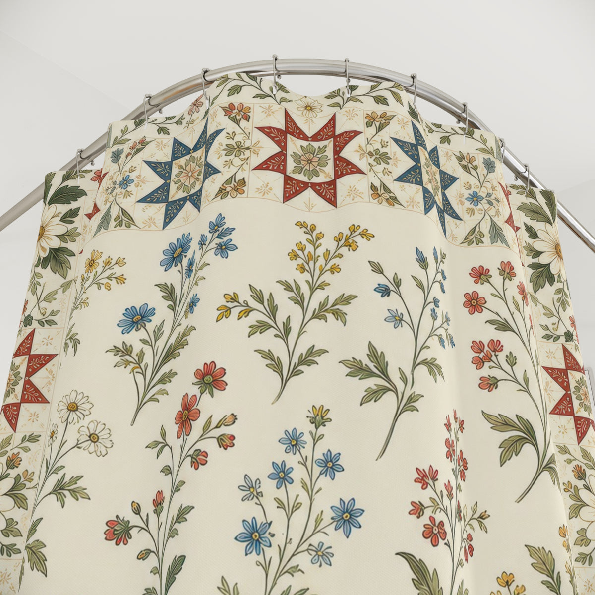 Patchwork Quilt Border vintage floral shower curtain with close-up print, hooks, and folds