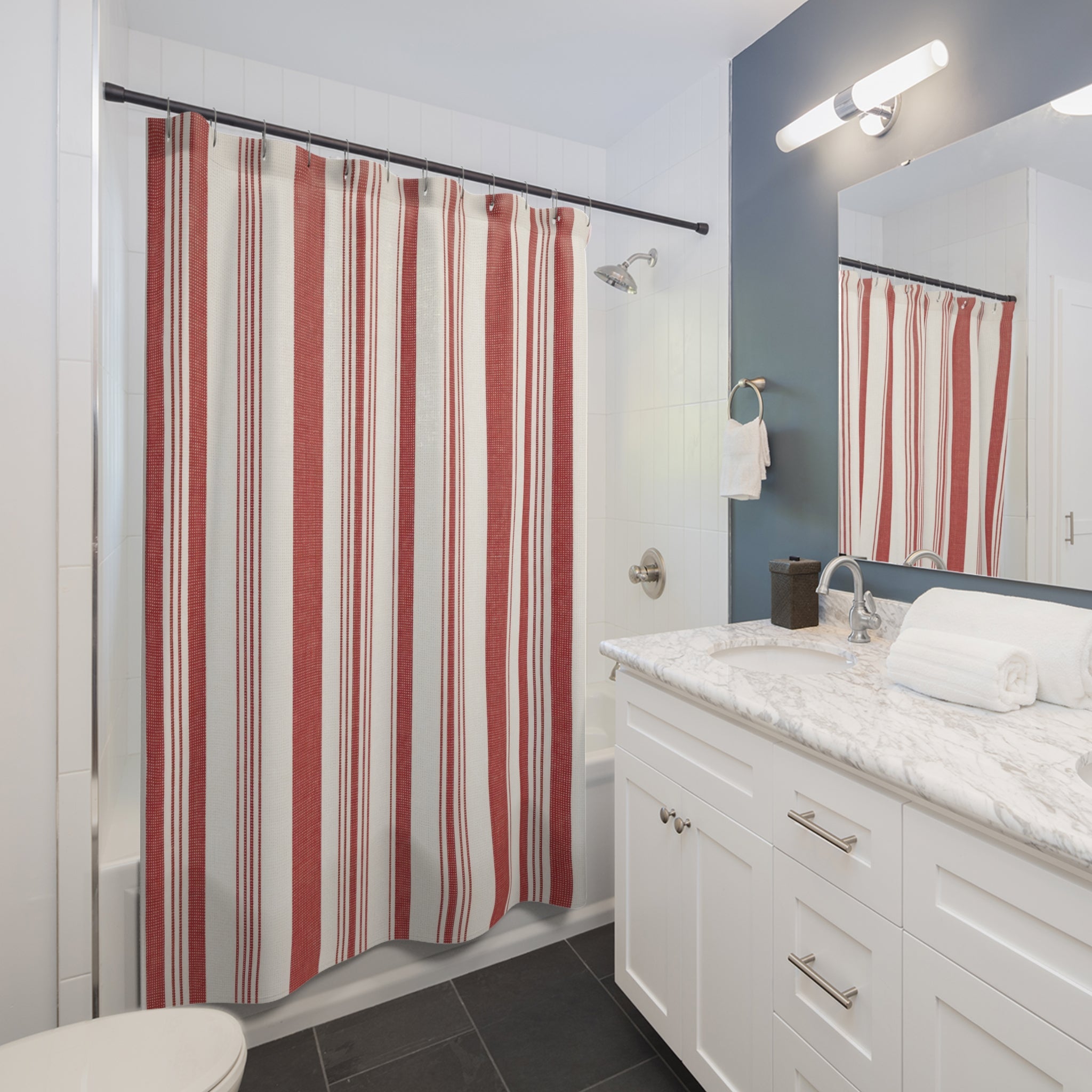 Red and White Varied Stripe Shower Curtain: Vertical Stripe