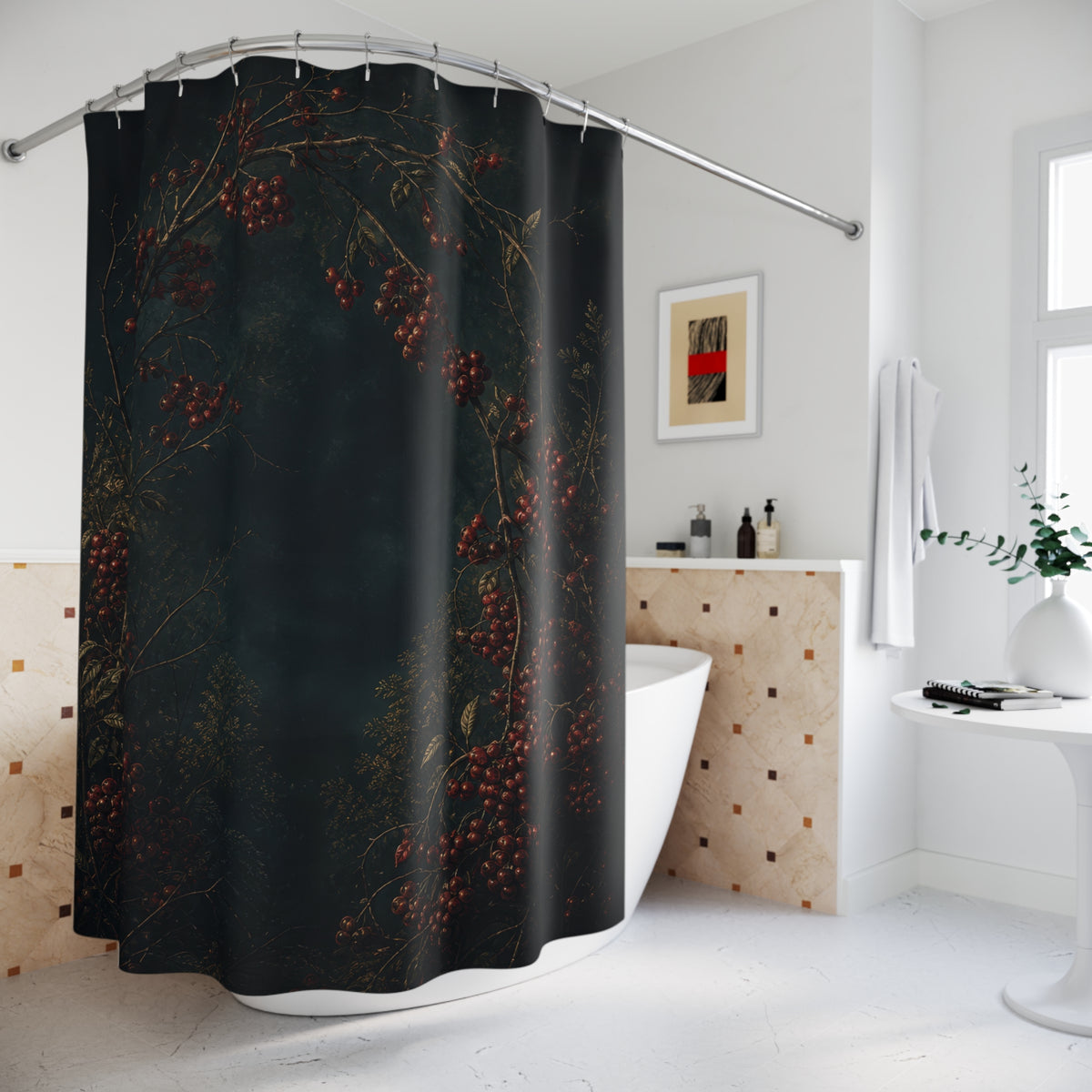 Dark garnet winter berry wreath shower curtain beside a freestanding tub