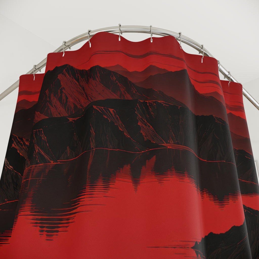 Black mountain ridges around a crimson lake and red sky shower curtain with close-up print, hooks, and folds