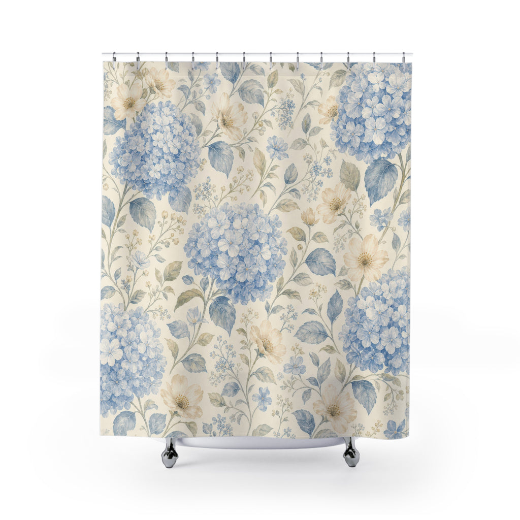Hydrangea Blue Floral Botanical Cottage Cottagecore Beige Shower Curtain