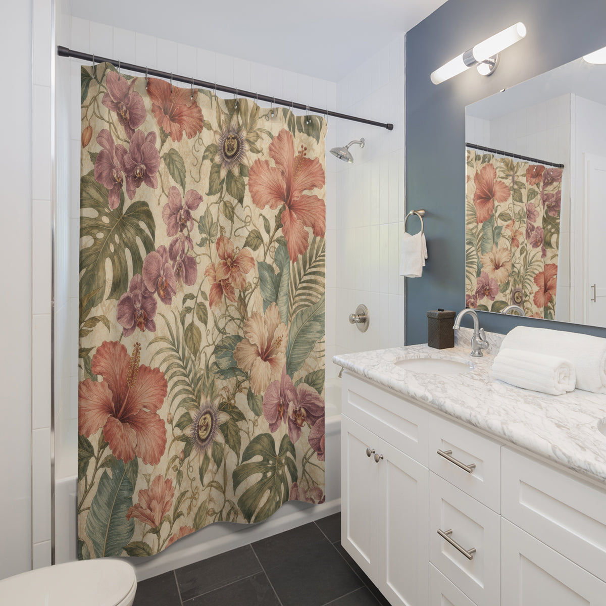 Vintage Hibiscus Botanical tropical floral shower curtain beside a white vanity
