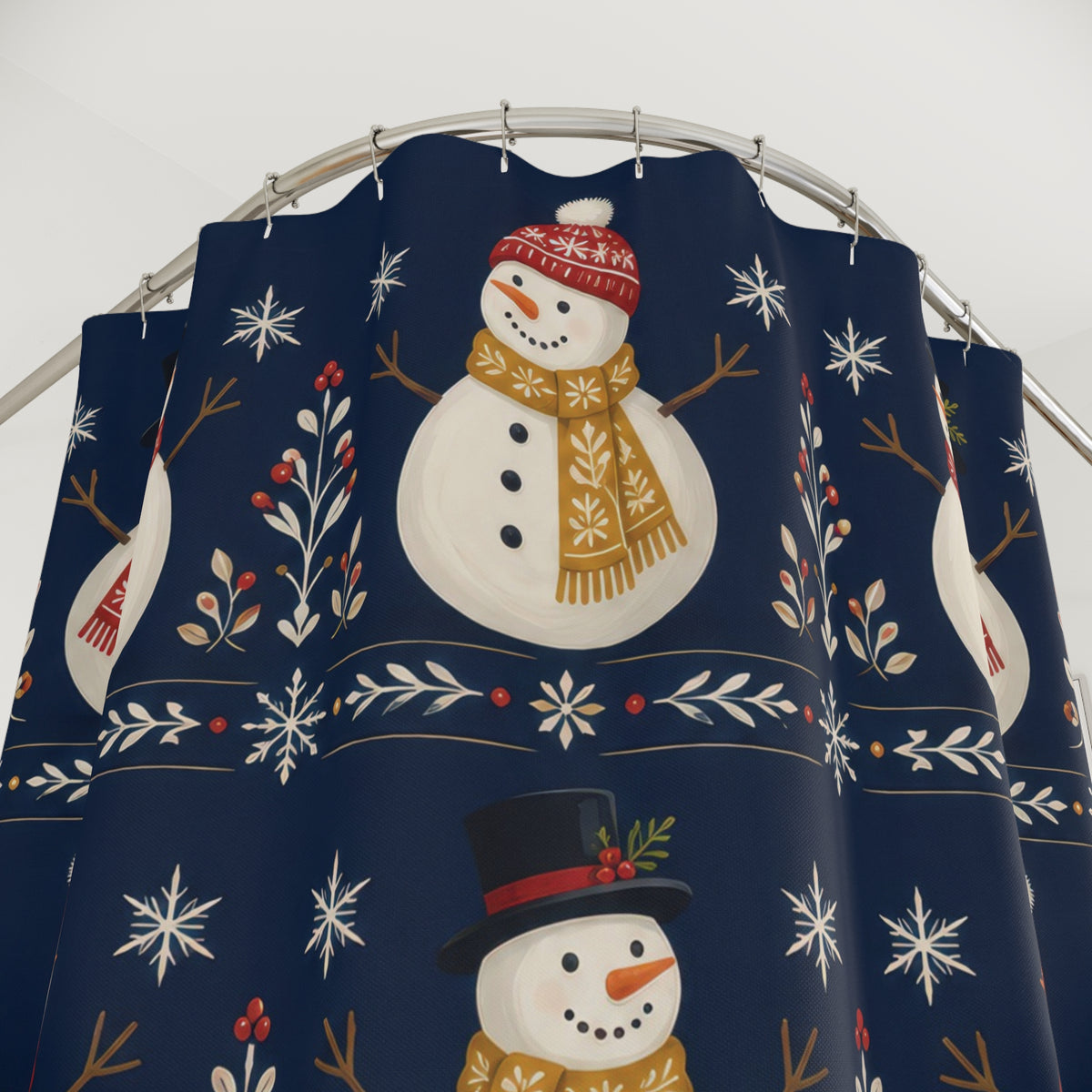 Ivory snowmen with red and gold scarves on navy shower curtain with close-up print, hooks, and folds