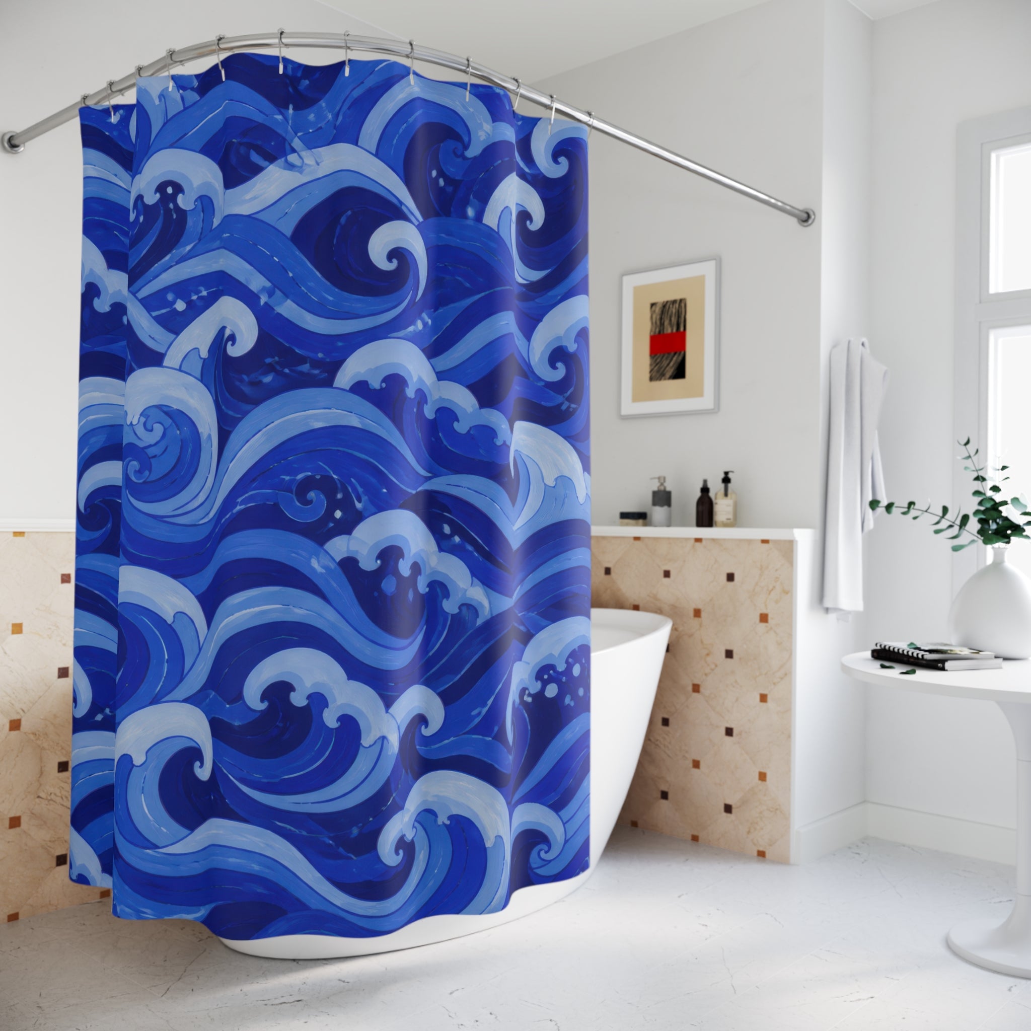 Blue Wave Shower Curtain, Cobalt Blue Coastal Bathroom Decor, Graphic Wave Bath Curtain, Guest Bath Decor, Small Bathroom Decor, Home Decor