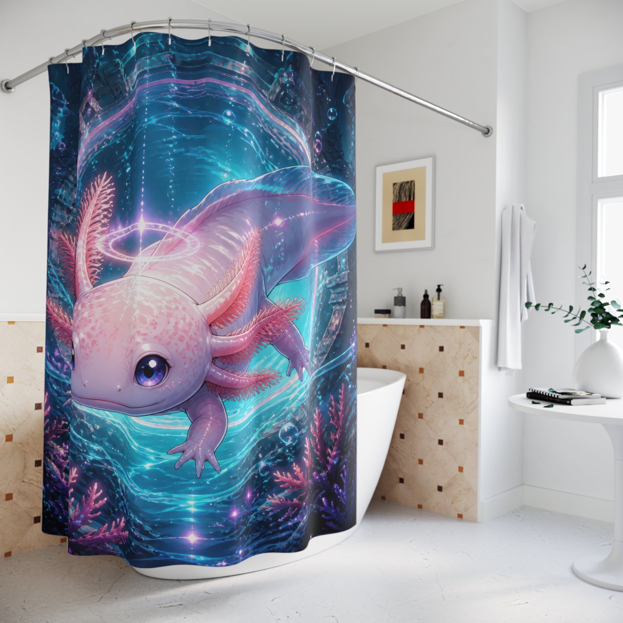 Luminous axolotl oracle before a teal and coral portal shower curtain beside a freestanding tub