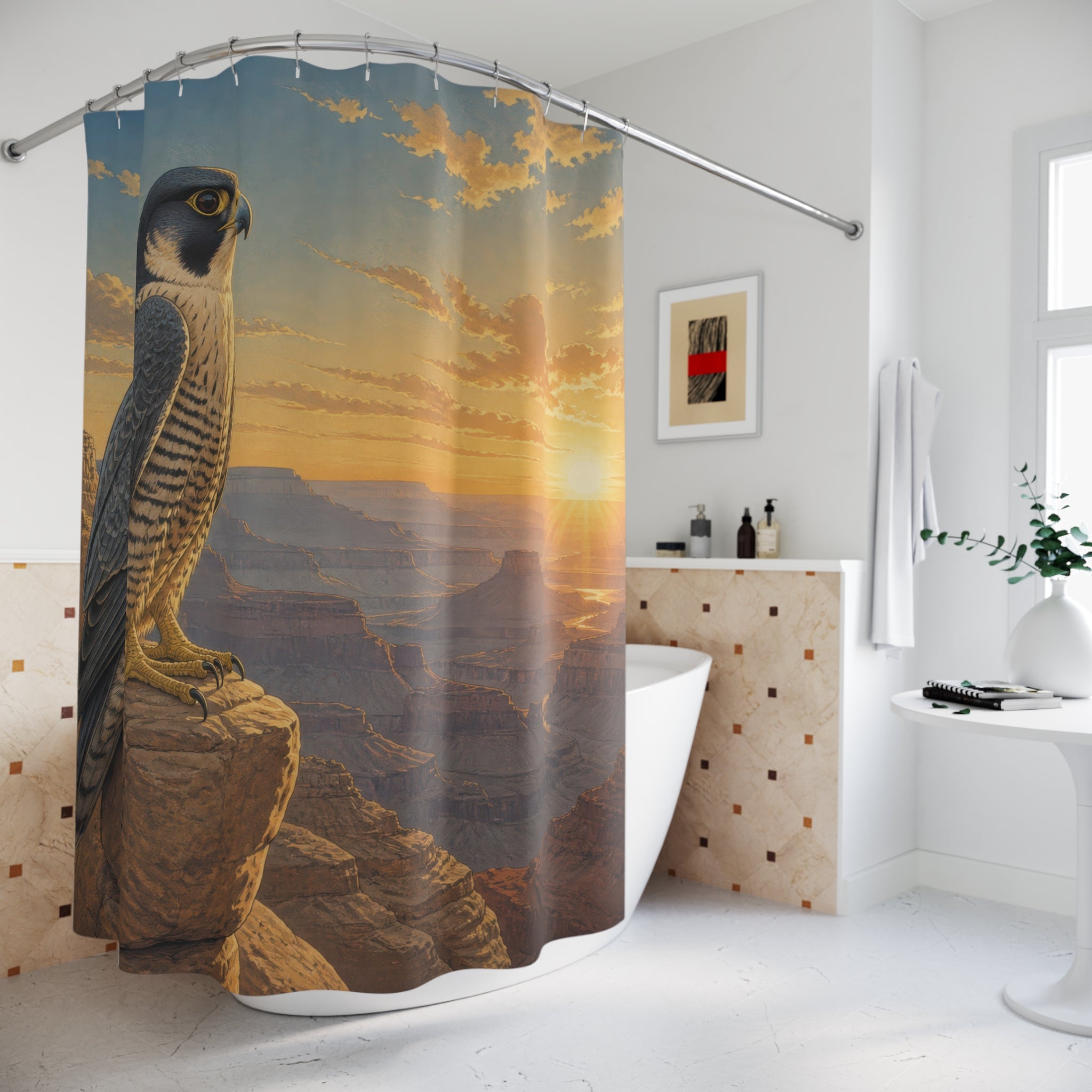 Watchful falcon on a golden canyon ledge at sunrise shower curtain styled beside a freestanding tub