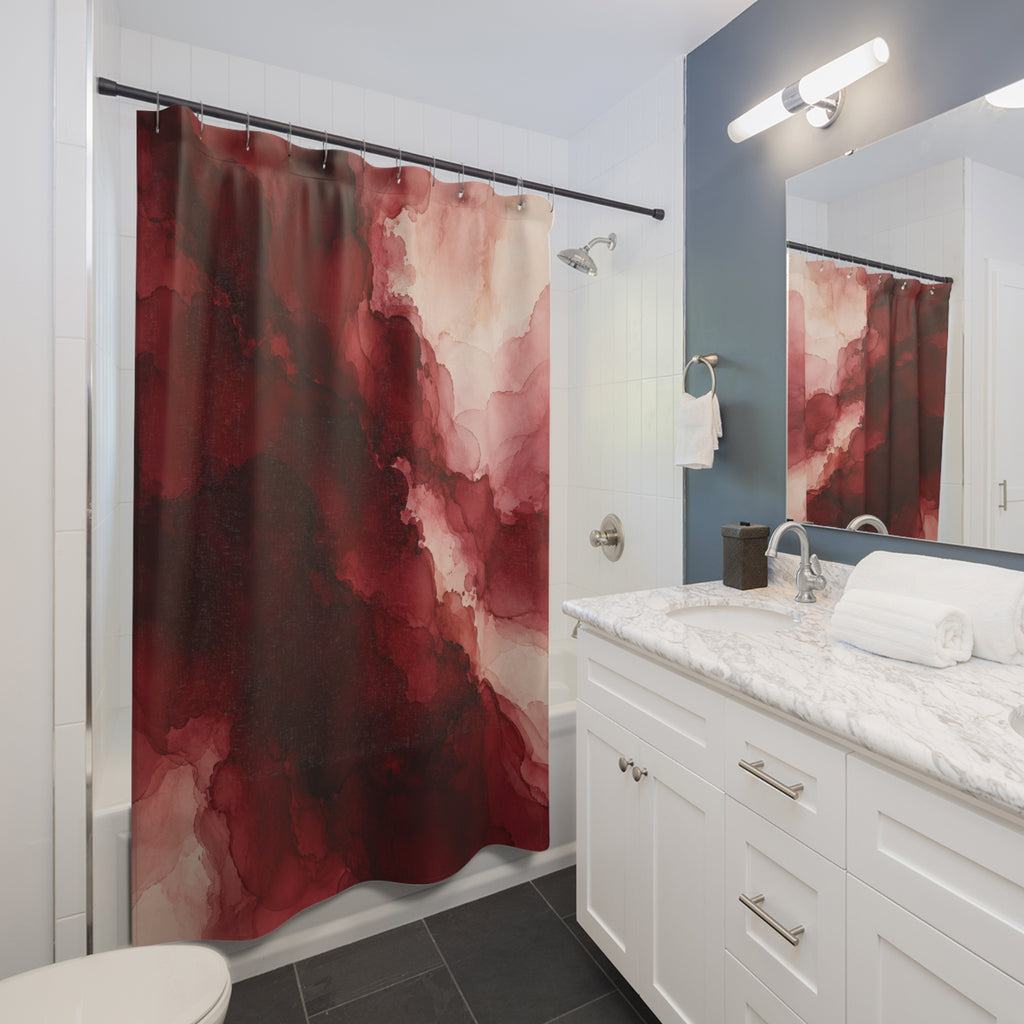 Maroon ink pools flowing into dusty rose and cream shower curtain beside a white vanity