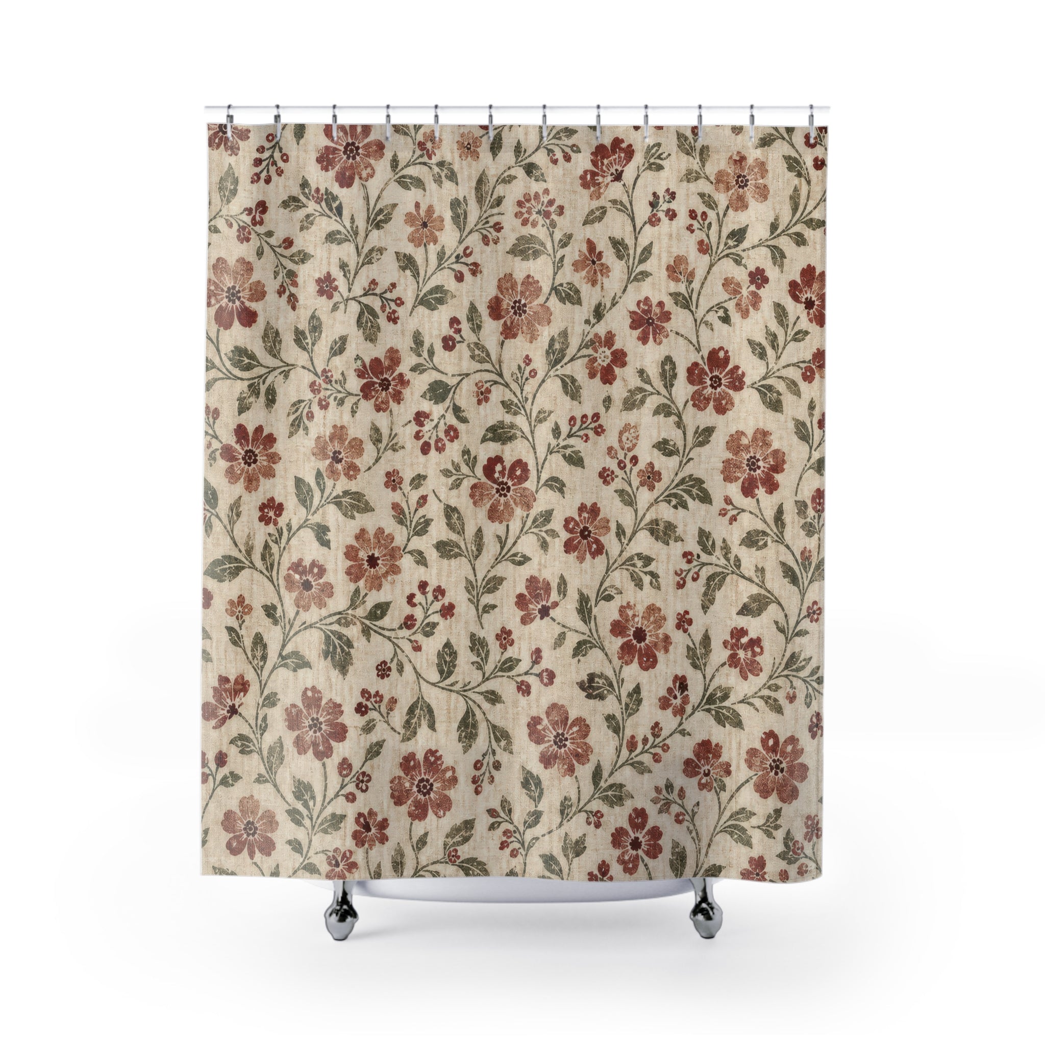 Red Floral Cottagecore Shower Curtain