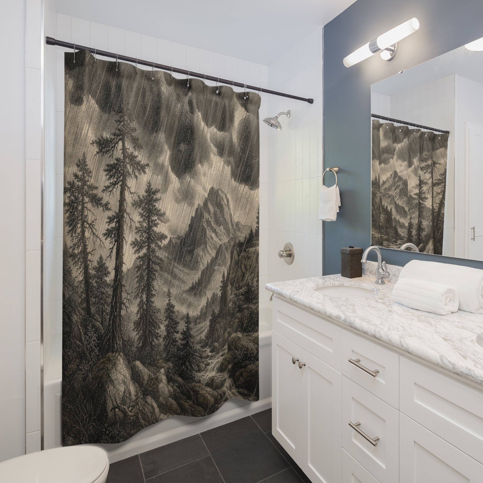 Black White Mountain Engraving Print Shower Curtain