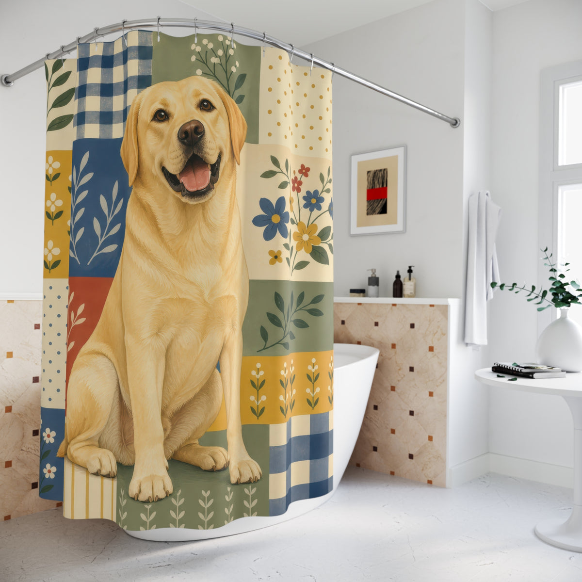 Smiling yellow Labrador over folk floral color blocks shower curtain beside a freestanding tub