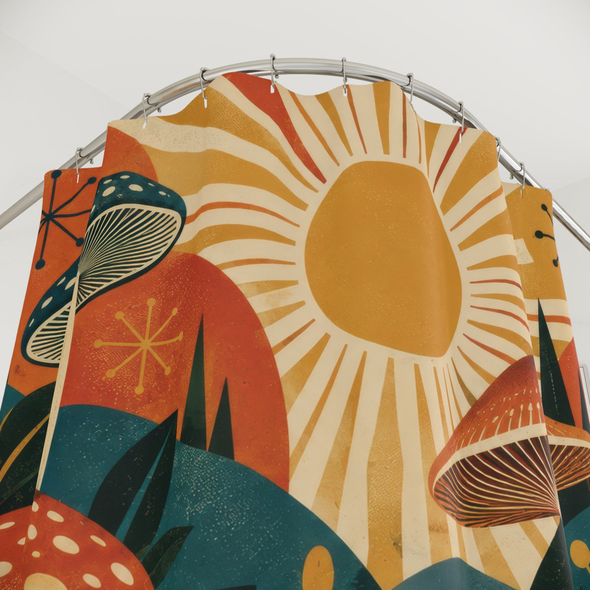 Vintage Mushroom Shower Curtain, Retro Sunburst