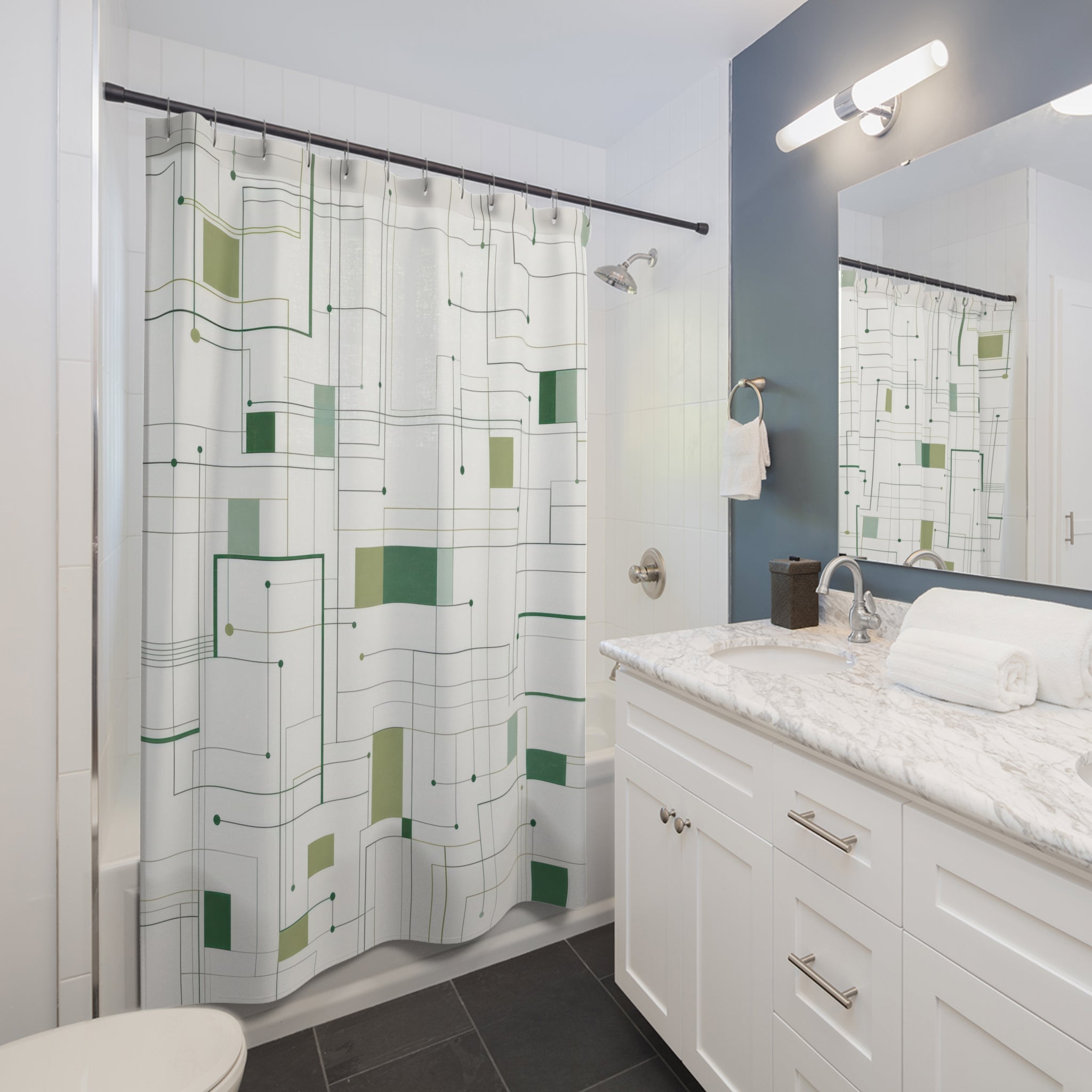 Modern Shower Curtain, Green White Grid Bath Decor, Abstract Line Pattern, Minimal Guest Bathroom Decor, Sage Geometric Style Decor