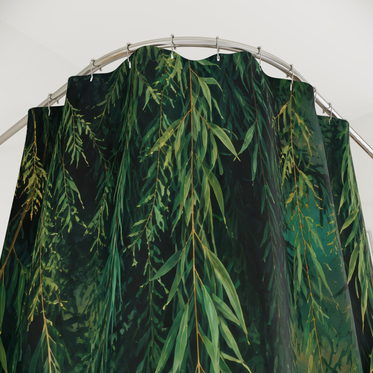 Deep emerald weeping willow canopy shower curtain with close-up print, hooks, and folds