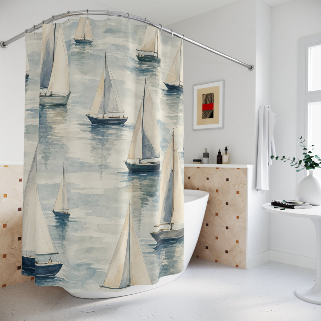 Sailboat Shower Curtain, Blue Watercolor Nautical Pattern, Coastal Bathroom Decor, Lake House Guest Bath Seaside Boat Style