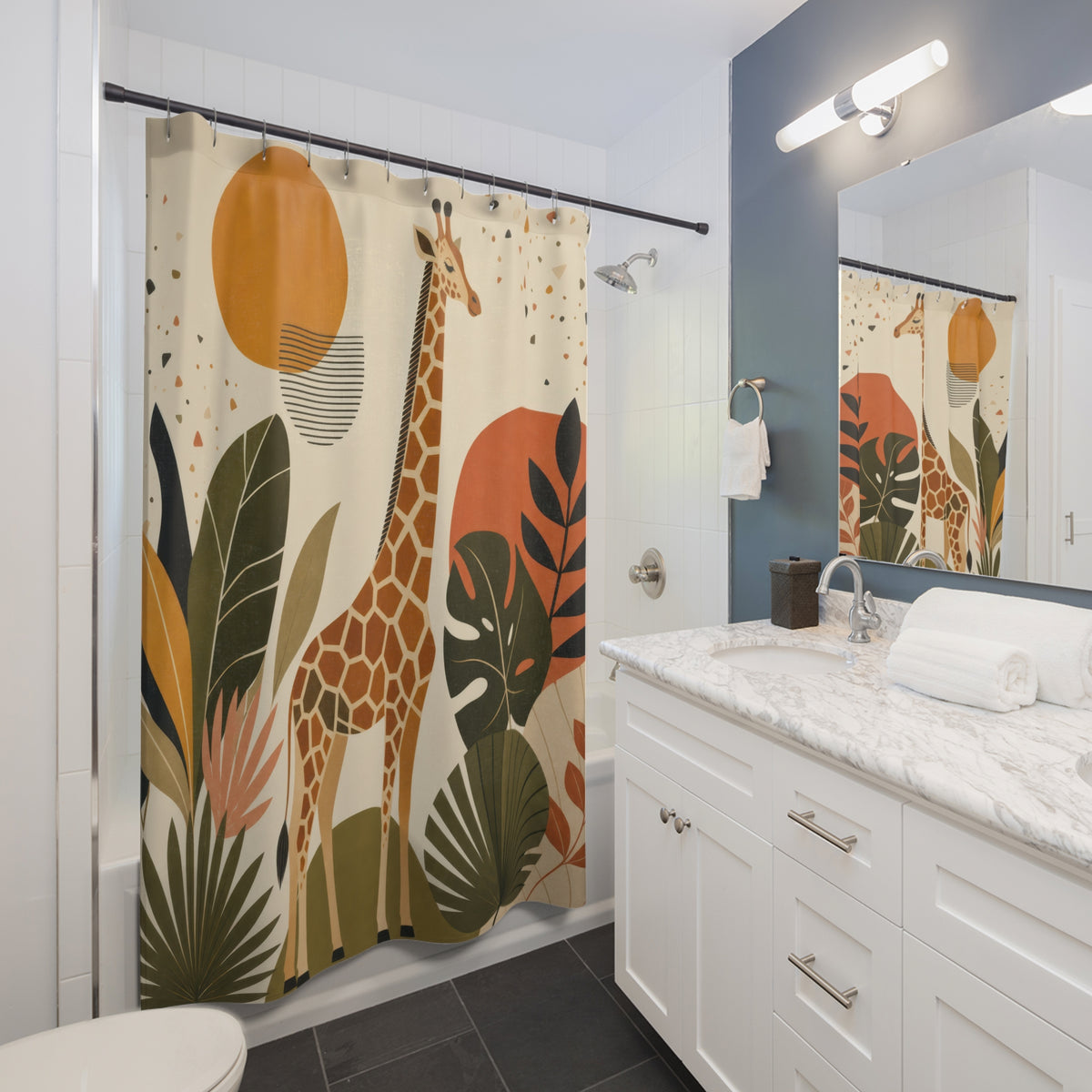Modern Safari Animal giraffe pattern shower curtain beside a white vanity