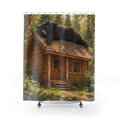 Sleepy black bear on a log cabin roof shower curtain with full front view