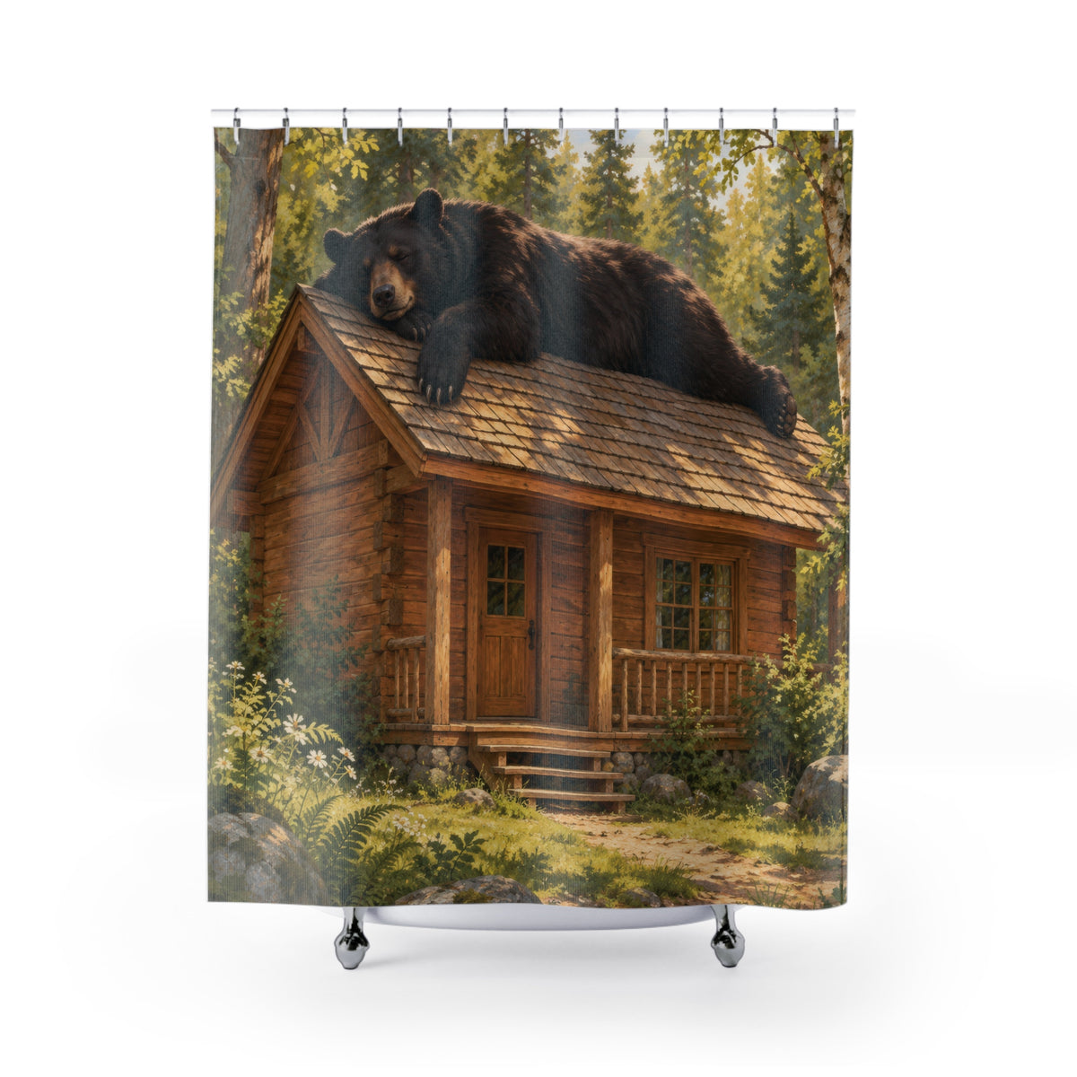Sleepy black bear on a log cabin roof shower curtain with full front view