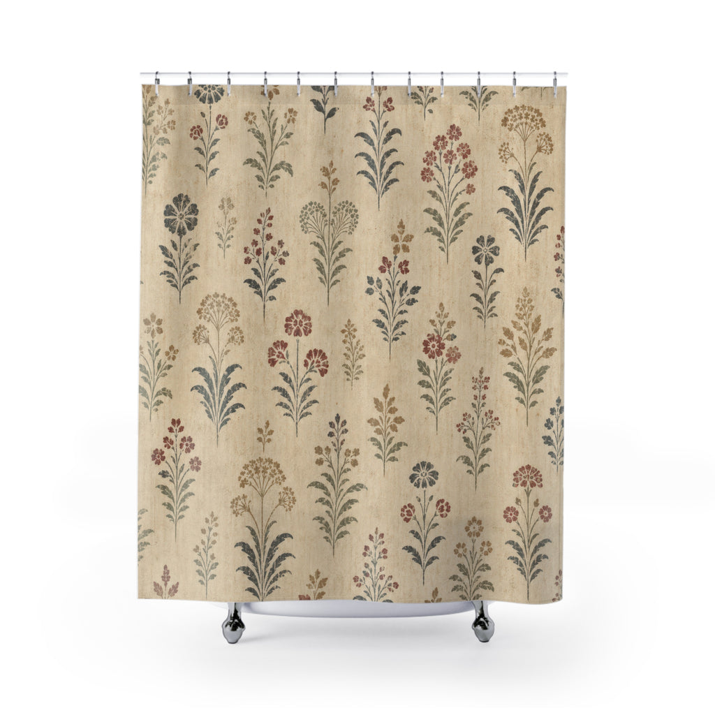Cream Folk Sprig Farmhouse Floral Shower Curtain