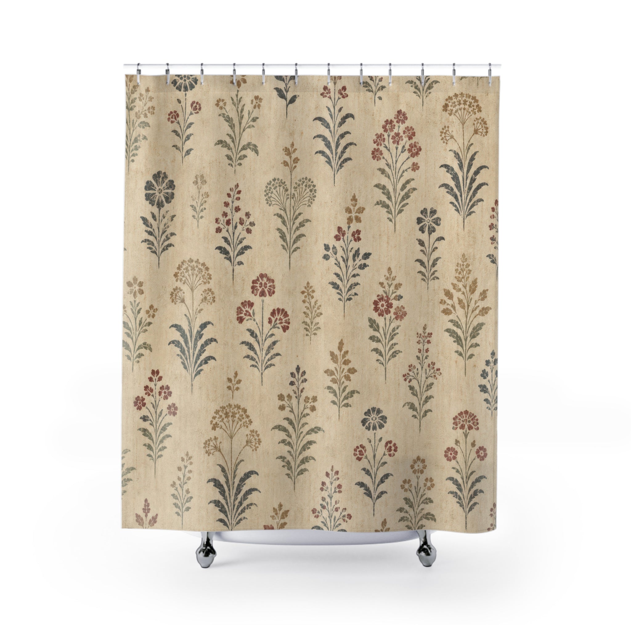 Cream Folk Sprig Farmhouse Floral Shower Curtain