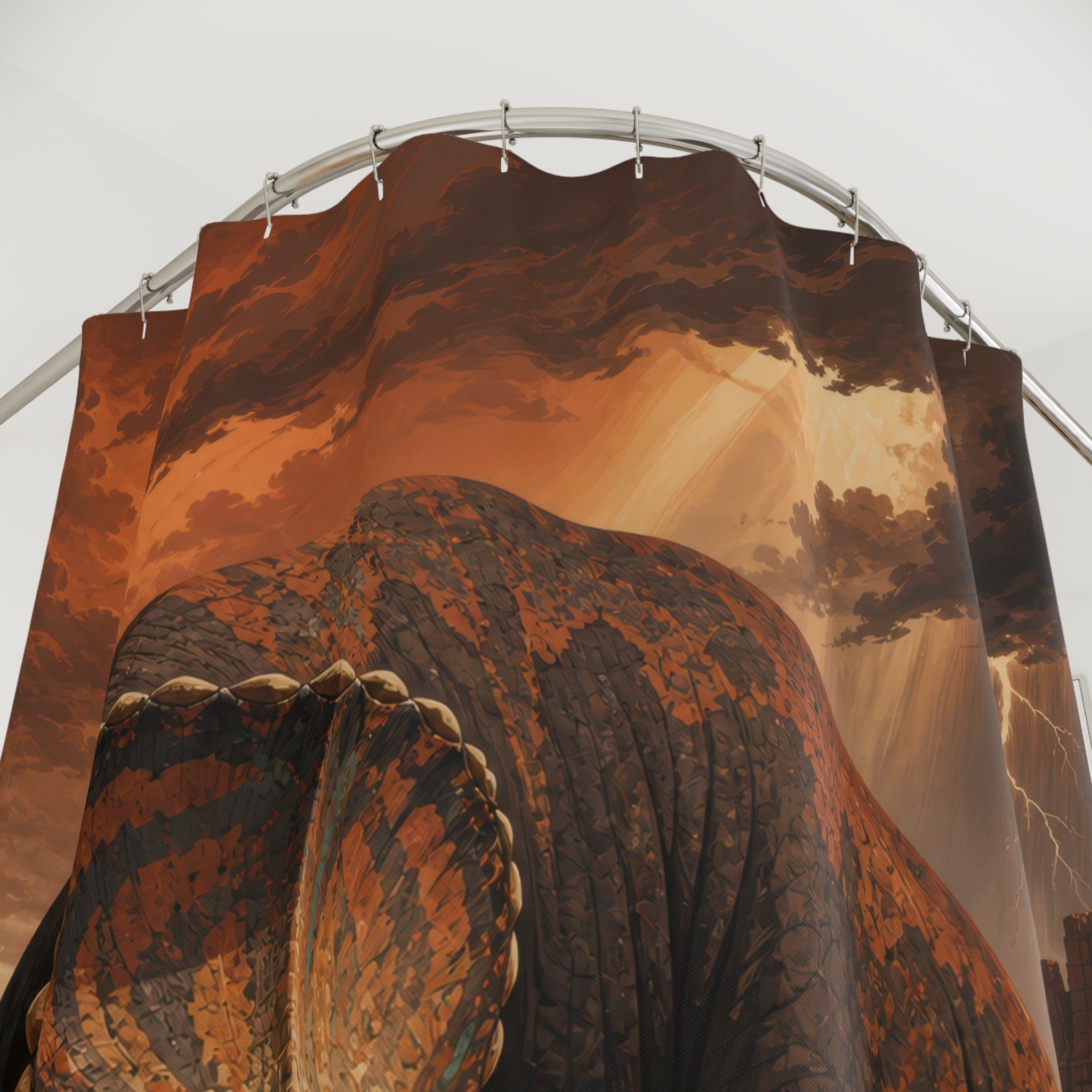 Triceratops mother and calf in a stormy canyon shower curtain with close-up print, hooks, and folds