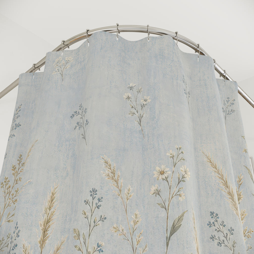 Pale Meadow Floral Blue Shower Curtain