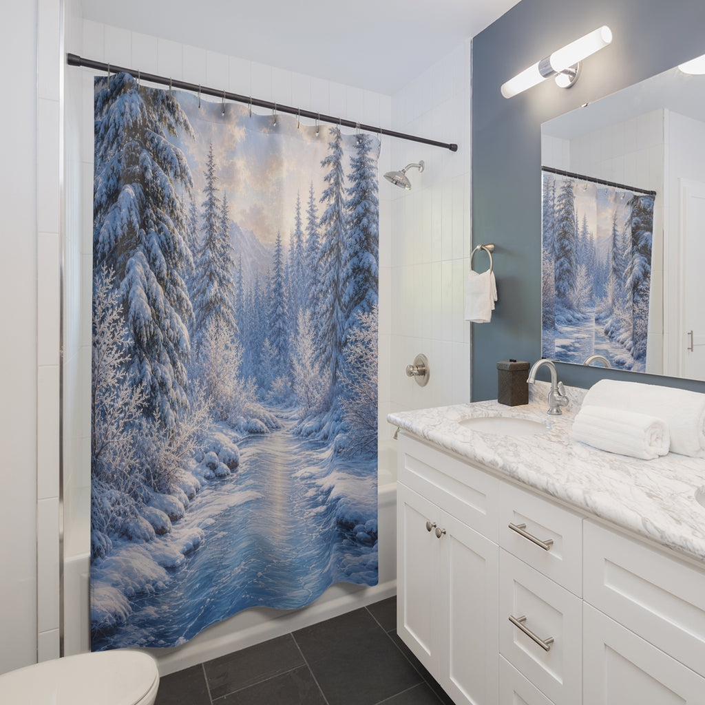 Snowy Spruce Frozen Creek Shower Curtain