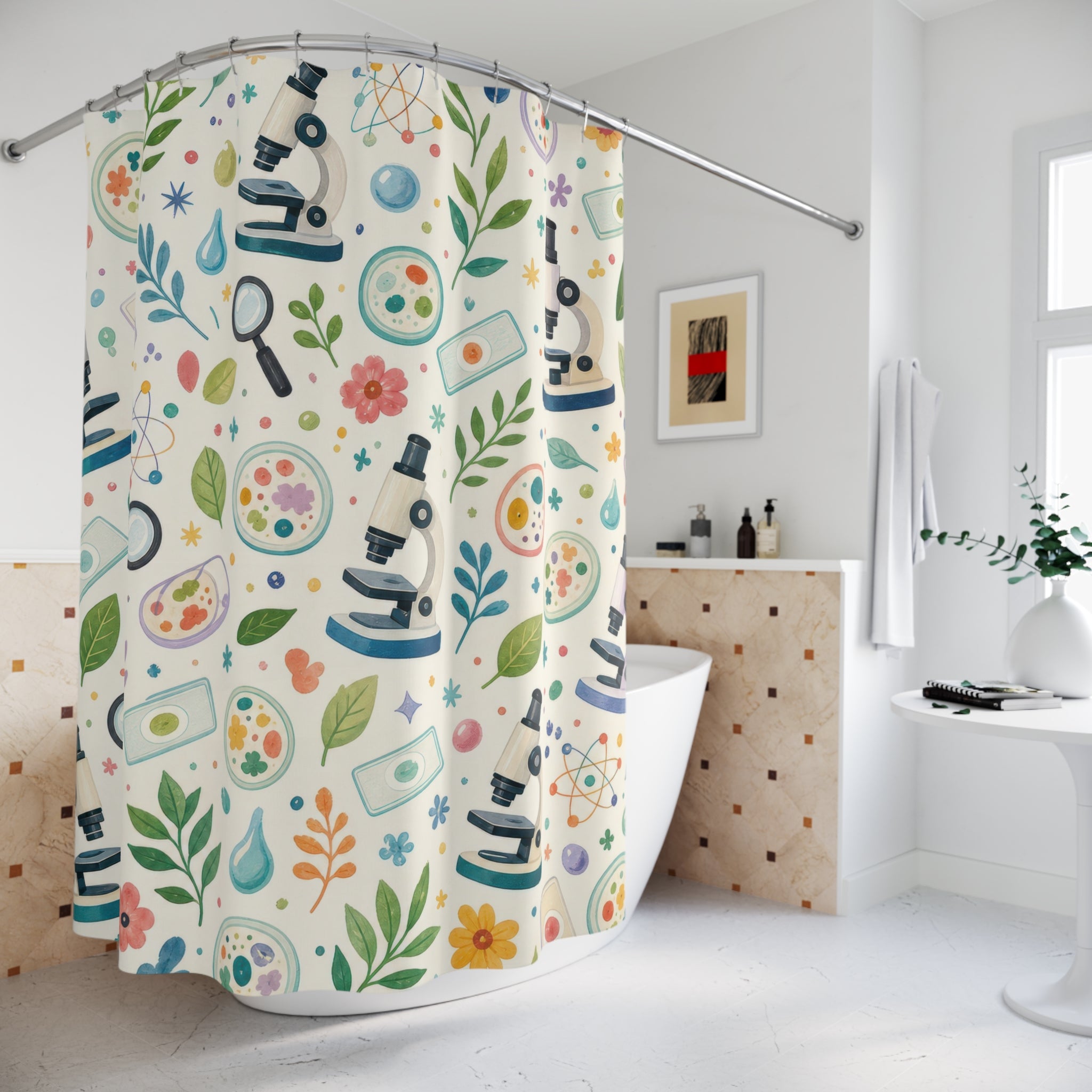 Kids Science Shower Curtain, Microscope Magnifying Glass Pattern, STEM Nature Bathroom Decor, Homeschool Classroom Wall Guest Bath Gift