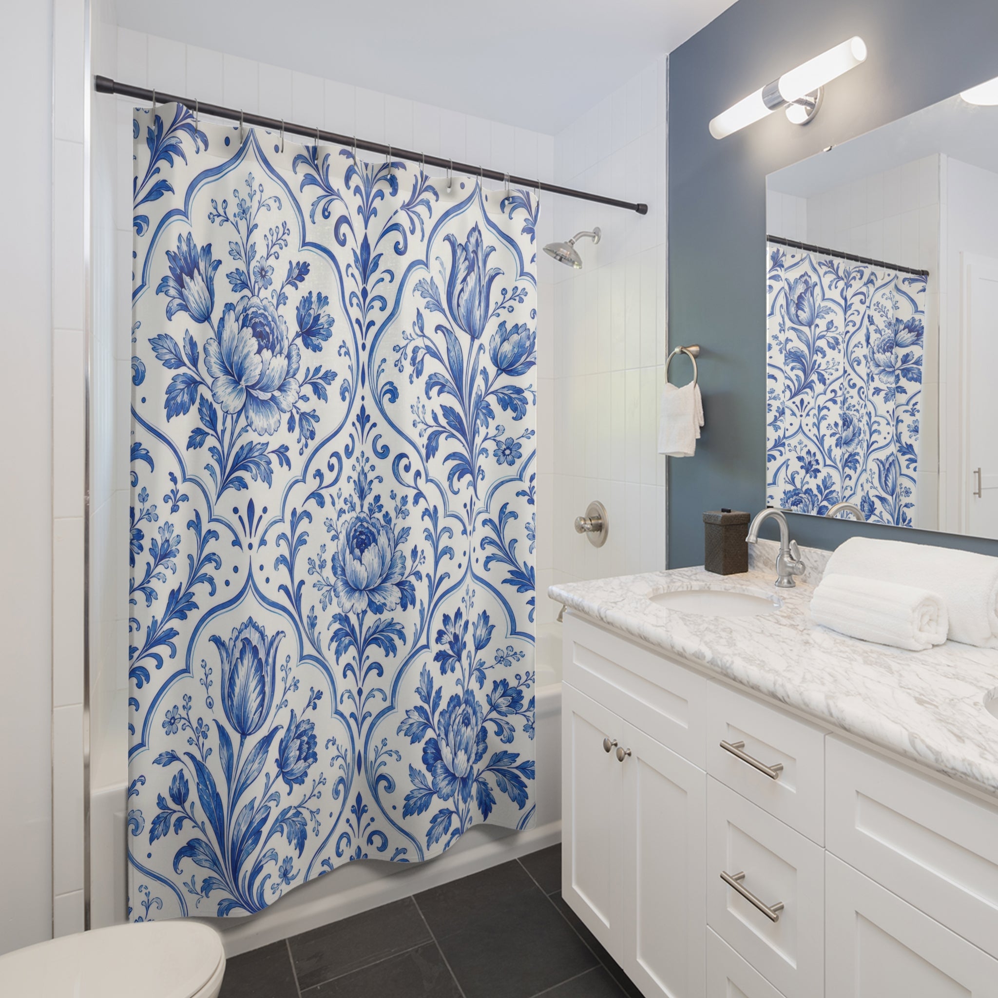 White Botanical Tile Shower Curtain