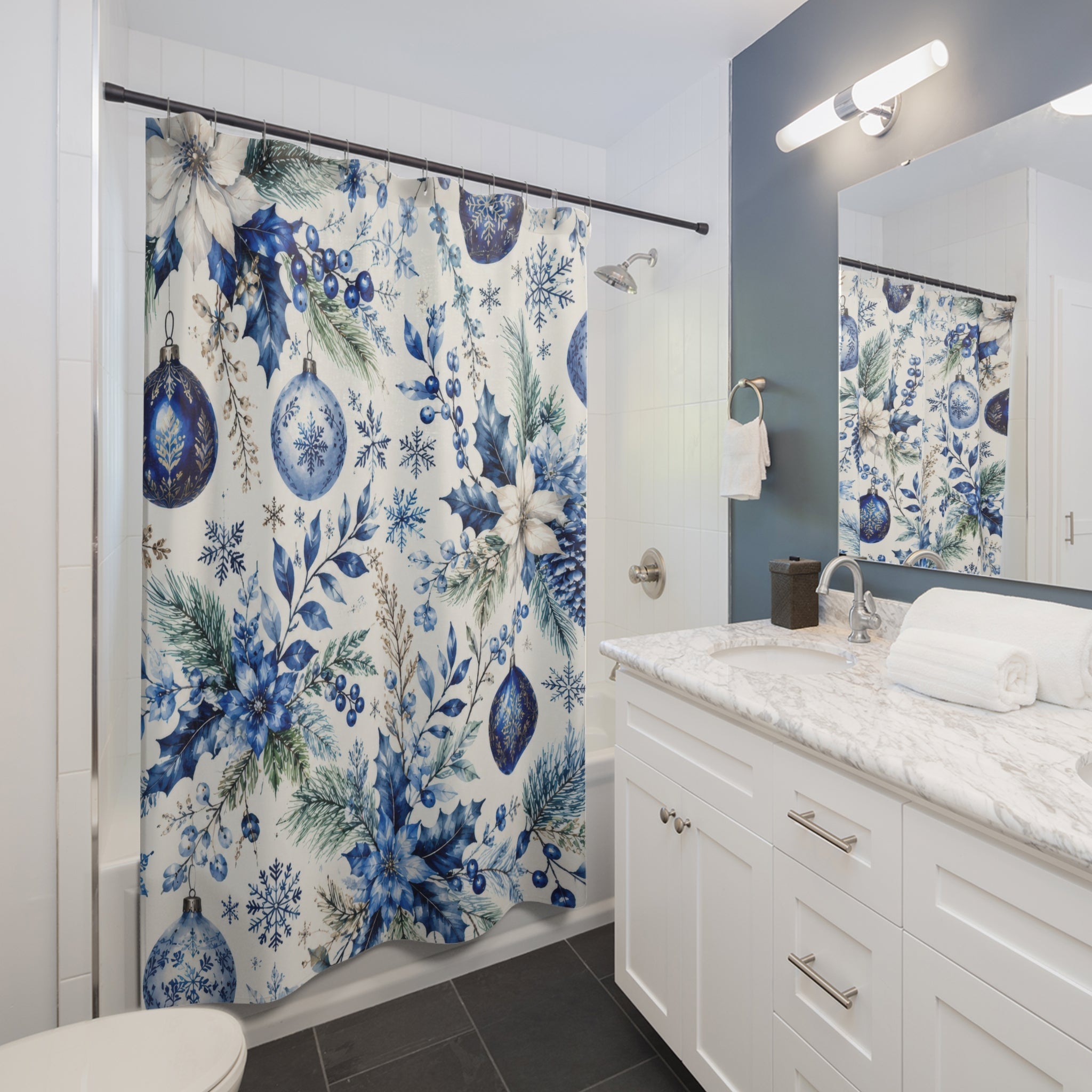 Christmas Blue Shower Curtain: Blue White Floral Holiday