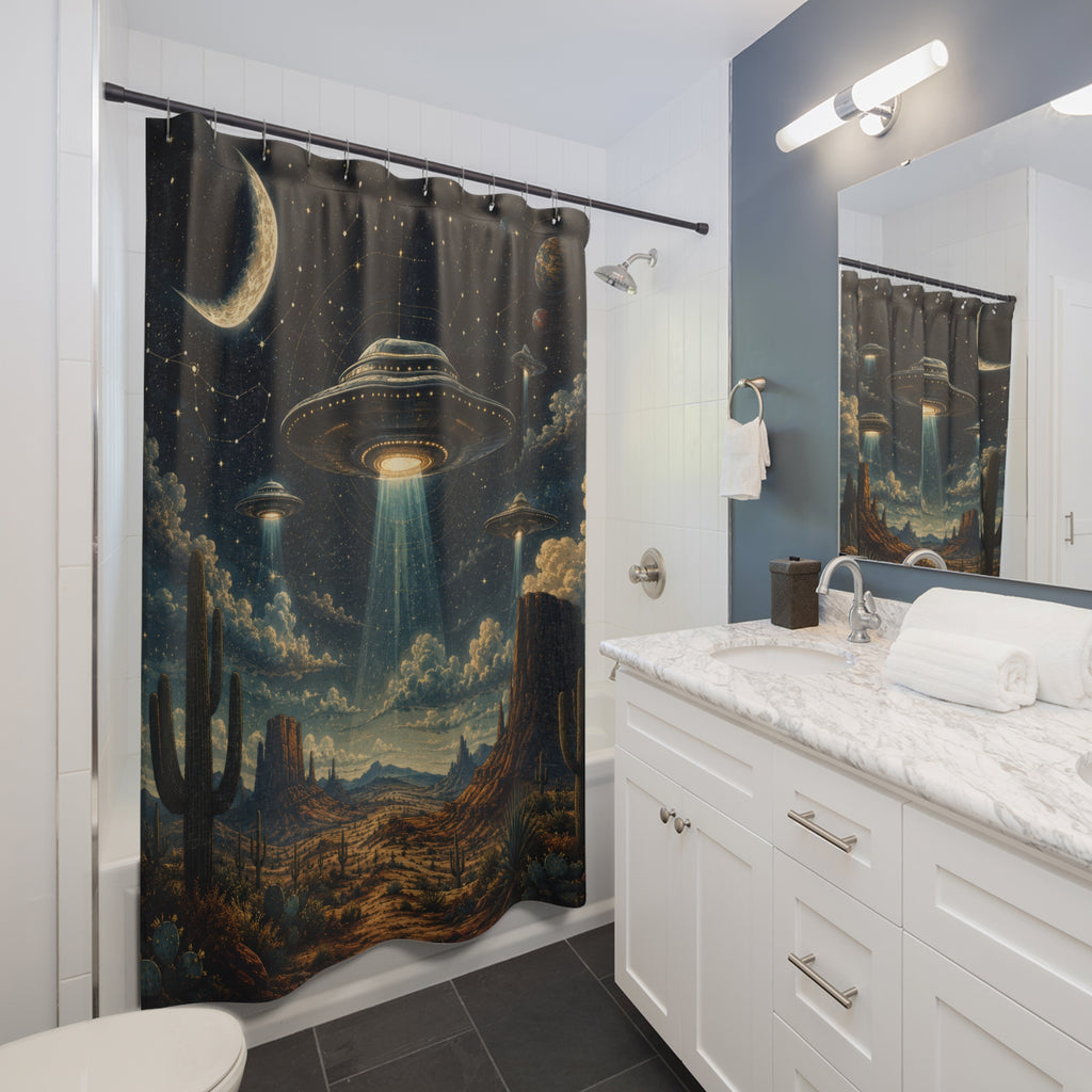 UFO Shower Curtain: Desert Night Sky Flying Saucer
