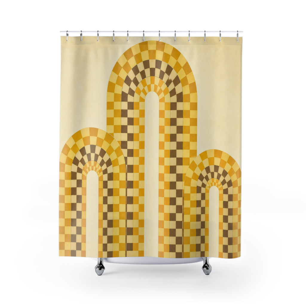 Mustard yellow checker arches on cream shower curtain with full front view
