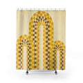 Mustard yellow checker arches on cream shower curtain with full front view