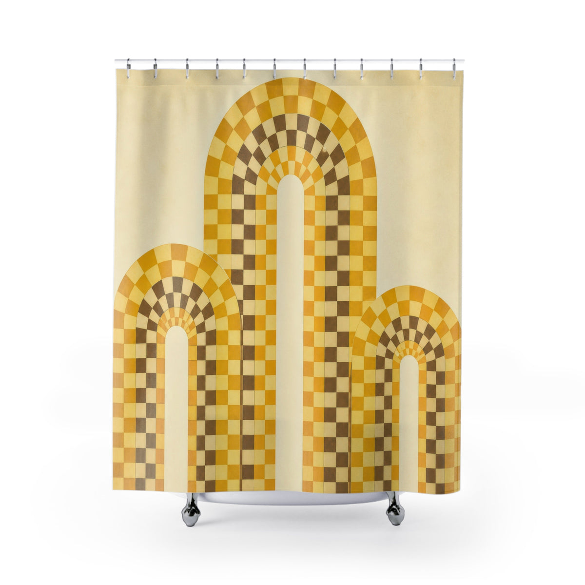 Mustard yellow checker arches on cream shower curtain with full front view