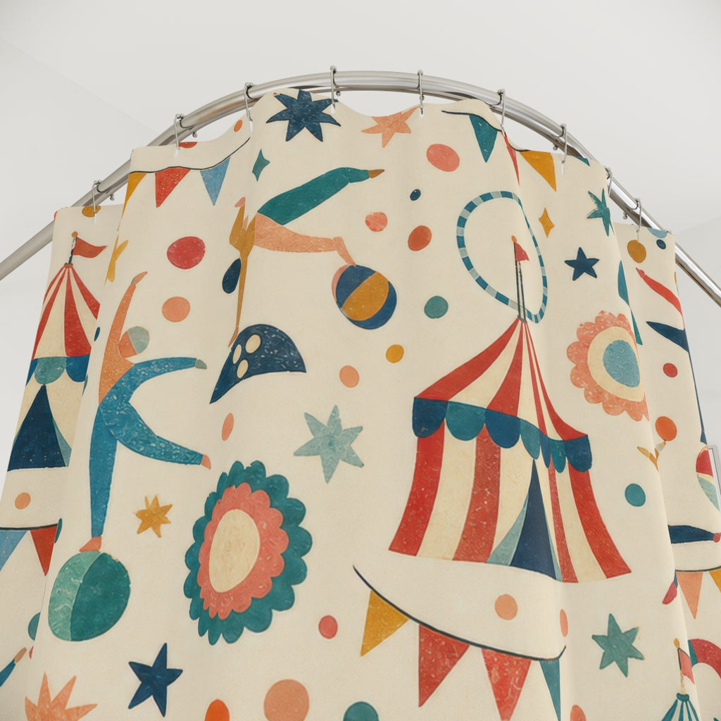 Kids Circus Shower Curtain, Carnival Tent Flag Pattern, Colorful Playroom Bathroom Decor, Festive Preschool Wall Guest Bath Wall Gift