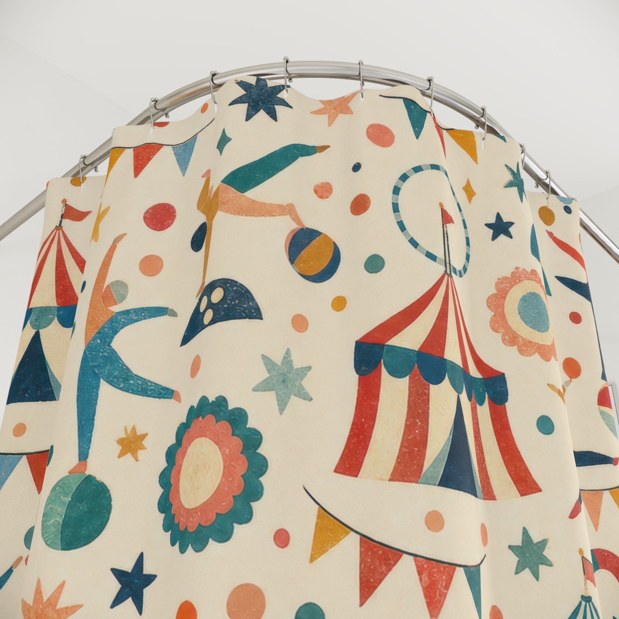 Kids Circus Shower Curtain, Carnival Tent Flag Pattern, Colorful Playroom Bathroom Decor, Festive Preschool Wall Guest Bath Wall Gift