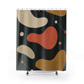 Cream, coral and ochre kidney shapes on charcoal shower curtain with full front view