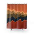 Rust olive and blue stacked broken zigzag horizons shower curtain with full front view