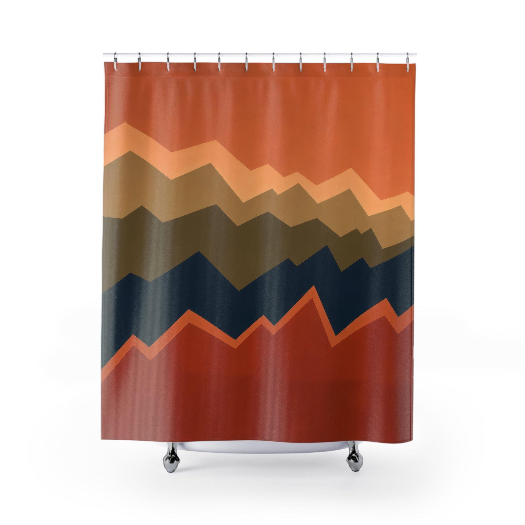 Rust olive and blue stacked broken zigzag horizons shower curtain with full front view