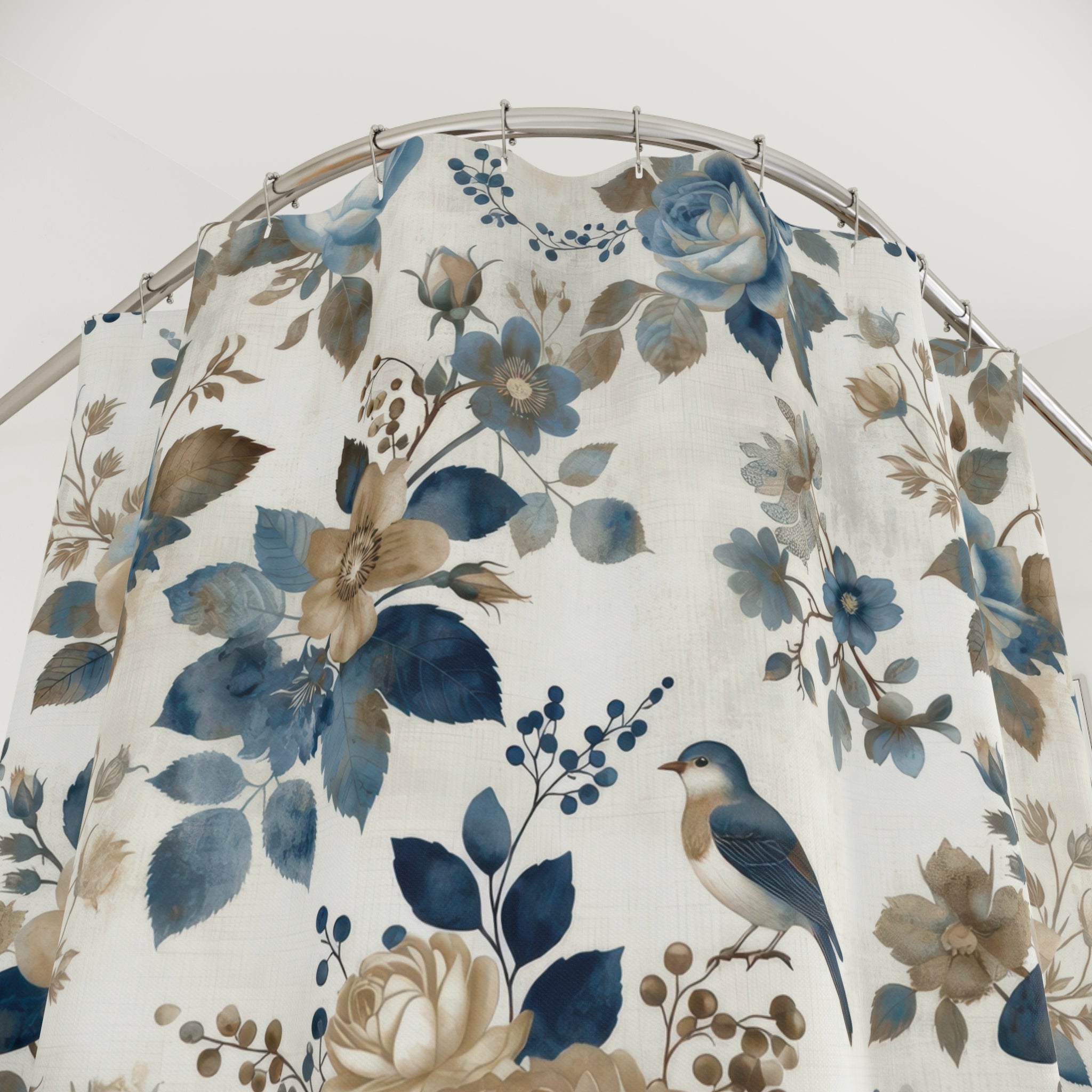 Floral Bird Shower Curtain — Blue and Beige