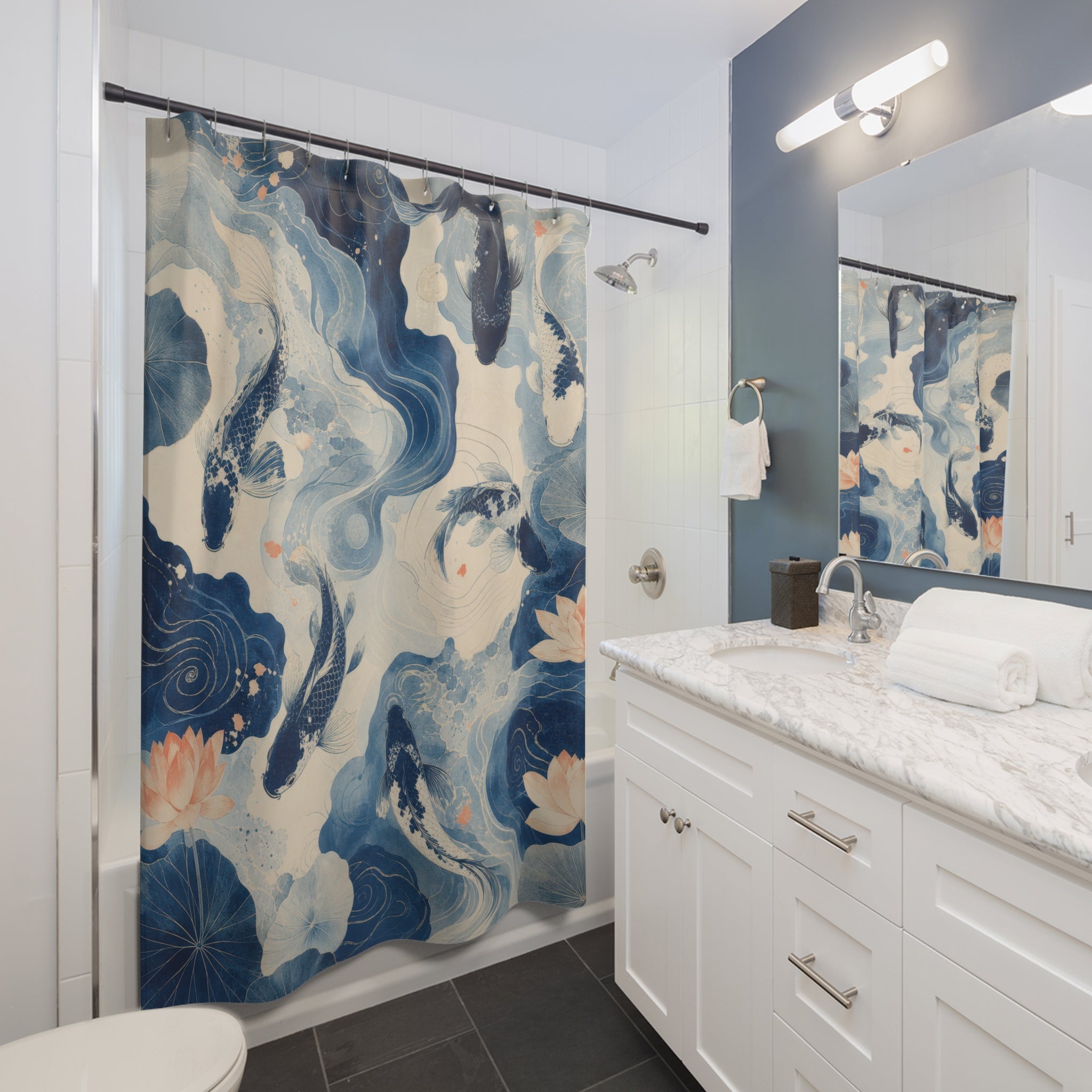 Koi Pond Water Lily Unique Blue Shower Curtain