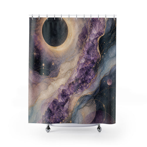 Amethyst Eclipse Veil purple painterly shower curtain with full front view