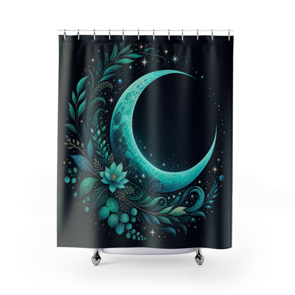Turquoise crescent moon within a jade botanical arch shower curtain with full front view